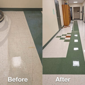 VCT before and after photos. On left the before image of white and green VCT. Right after image of the same installation cleaned and waxed.