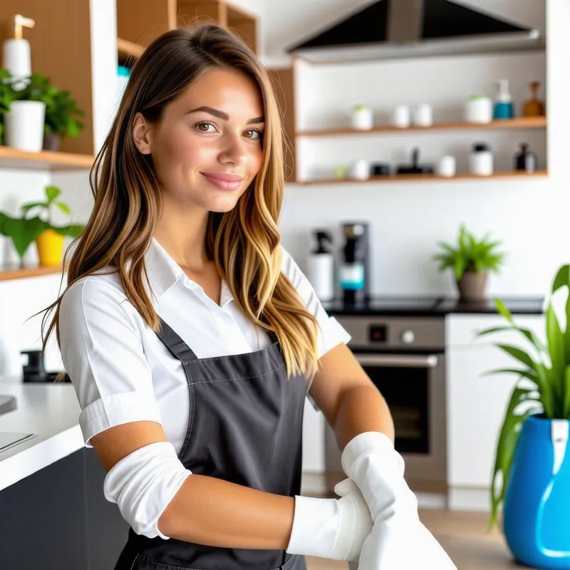Female in her twenties smiling in a kitchen wearing a cleaning smock.